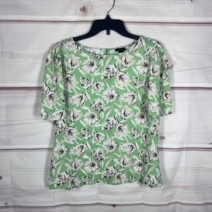 Ann Taylor Factory Blouse Women Medium Green Floral Short Sleeve Keyhole Back